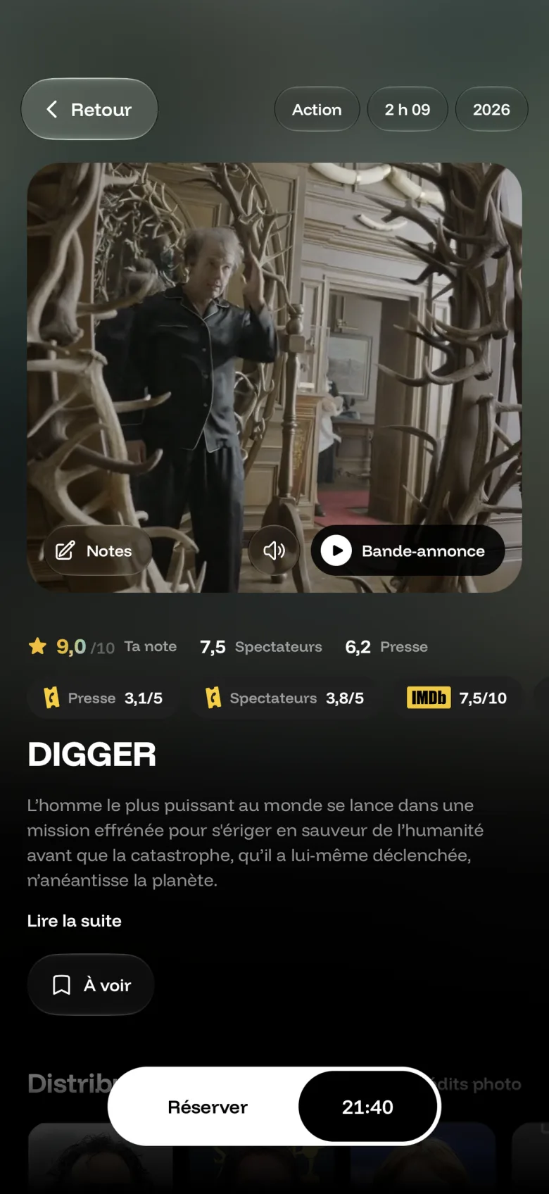 La page d'un film : notes, bande-annonce, réserver